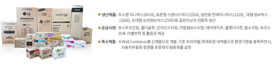 생산제품: 초소형 미니박스(0618), 포준형 스탠다드박스(1024), 일반용 콘태이너박스(1228),  대형 점보박스
							 (1836), 초대형 슈퍼점보박스(2545)등 골판지상자 전품목 생산,공급사양:  포스트프린팅, 폴더글루, 인라인스티칭, 이합점보스티칭, 테어테이프, 플랫다이컷, 발수코팅, 바코드
							  인쇄. 라벨부착 등 풀옵션 제공,특수제품: 4-Wall Container를 신제품으로 개발. 기존 트라이월/목재포장 대체품으로 환경기준을 충족하면서,
							   자동차부품등 중량물 포장재의 범용화를 실현